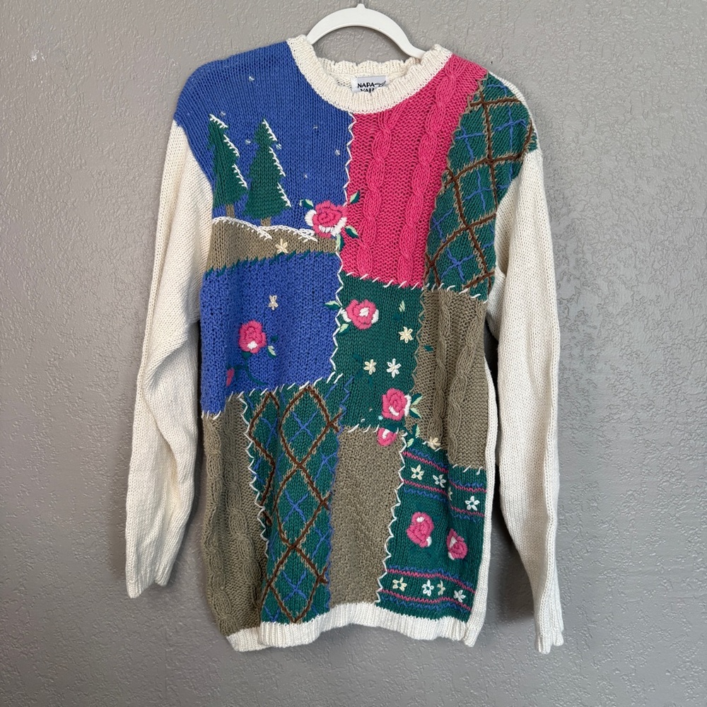 Napa Valley Patchwork Knit Sweater – Floral Cottagecore Grandpa Style, Size L